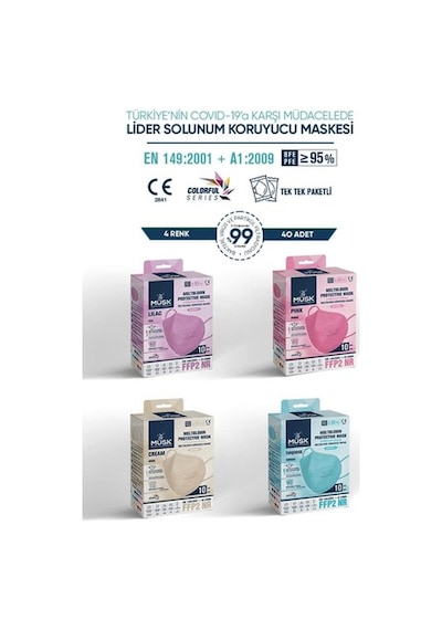 Musk Ffp2 Maske 40 Adet (Lila,Pembe,Turkaz,Krem)