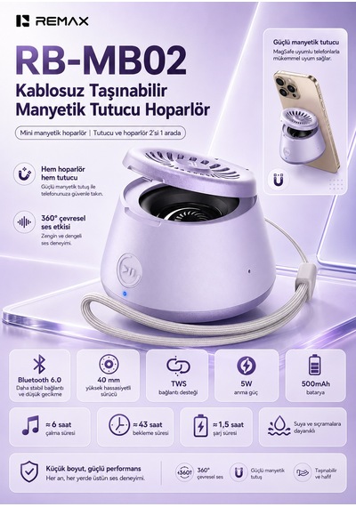 Remax Magsafe Magnetik 2'si 1 Aradatelefon Tutucu Şarjlı Mini Bluetooth Hoparlör 5w Rb-mb02 Mor