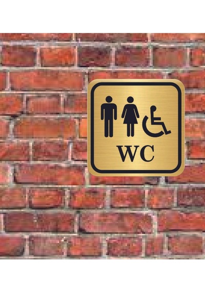 Bay Bayan Engelli Wc Yazılı Metal Yönlendirme Levhası 15x15 cm Altın