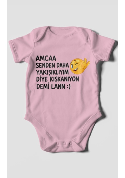 Morivokids Amaa Senden Daha Yazılı Kısa Kollu Bebek Body %100 Pamuk Koyu Pembe