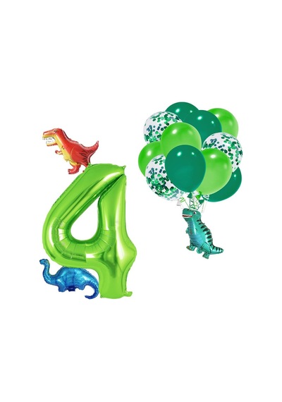 4 Yaş Dinazor Set Rakam Folyo, 3 Adet Mini Dinazor Ve 10 Lu Balon