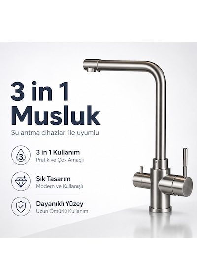 3 İn 1 Su Arıtma Musluğu Çok Amaçlı Paslanmaz Model 608506069