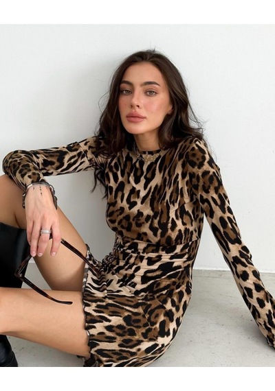 Hazego Kadın Uzun Kollu Sırtı Açık Bağlamalı Leopar Desenli Kısa Dalgıç Elbise Leopar