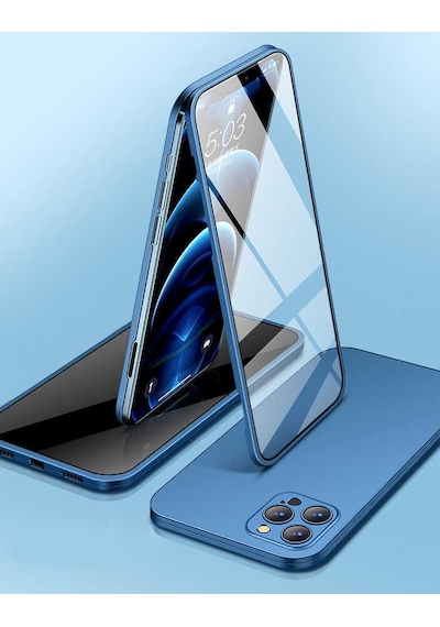 Apple Uyumlu iPhone 13 Kılıf 360 Tam Koruma Lüx Led Kapak Mavi