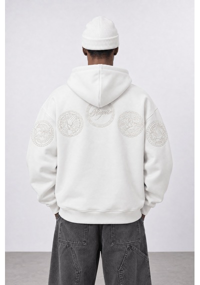 Respire Erkek Rosette Nakışlı Oversize Hoodie Ekru