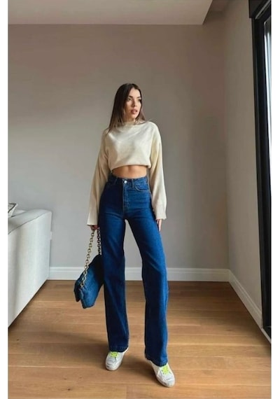 Vanes Gold Ikon 90's Koyu Mavi Likralı Süper Extra Yüksek Bel Palazzo Salaş Jean Pantolon Koyu Mavi
