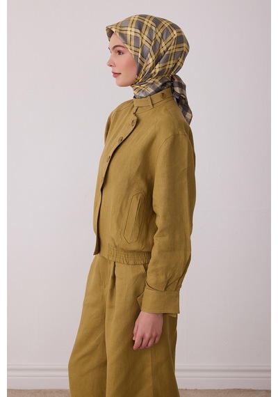 Belli Geometrik Desen %100 Twill İpek Eşarp Be21 Sarı-füme