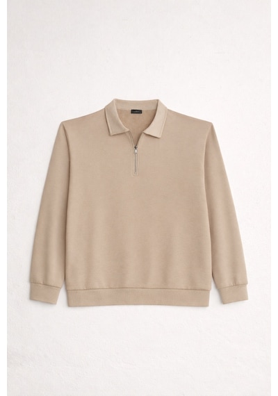 Tudors Erkek Relax Fit Rahat Kesim Pamuklu 3 İplik Fermuarlı Polo Yaka Taş Sweatshirt-41821 Taş