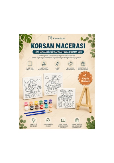 Korsan Macerası Mini Şövaleli 3'lü Boyanabilir Kanvas Tuval Seti 20x20 12 Renk Boya