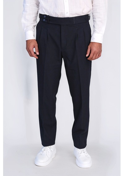 Lacivert Çift Pileli Tokalı Yüksek Bel Slim Fit Pantolon Wessi Lacivert