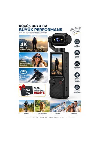 4k Ultra Hd Aksiyon Kamerası 180 Dönen Lens Spor Seyahat Vlog Ve Günlük Kullanım Kamerası Siyah