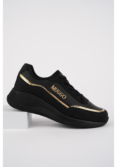 Muggo Coco Garantili Kadın Ortopedik Günlük Bağcıklı Şık Rahat Sneaker Spor Ayakkabı Siyah - Altın