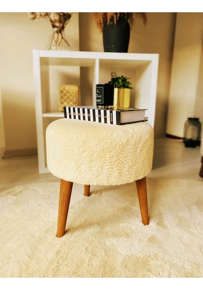 Coco Puf, Peluş,3 Ayak, Krem,oturma Odası, Makyaj Masası Pufu Krem