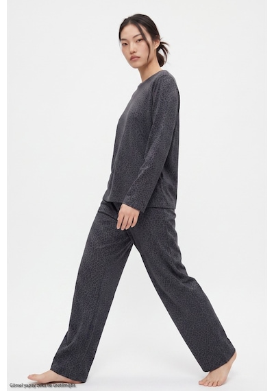 Siyah İnci Leopar Baskılı Örme Pijama Takım 8078 Antrasit Leopar