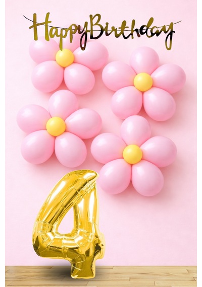 4 Yaş Pembe Sarı Papatya Temalı Gold Rakam Gold Happy Birthday Banner Doğum Günü Süsleme Altın - Pembe