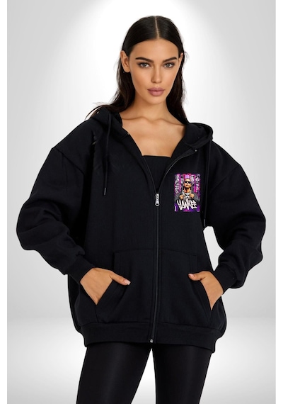 Angemiel Daddy Yankee Müzik Star Kadın Erkek Siyah Kapüşonlu Fermuarlı Baskılı Hırka Sweatshirt Siyah