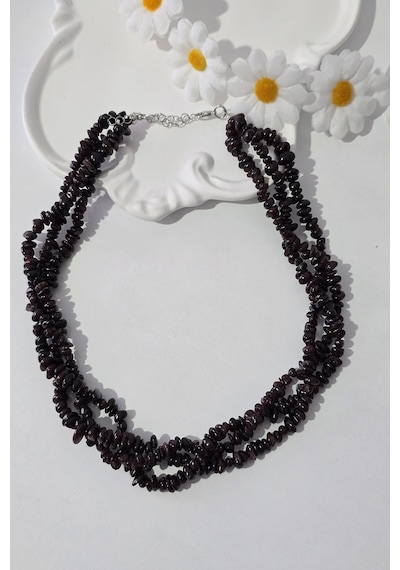 Sertifikalı Granat, Garnet, Lal Kırıktaş Doğaltaş Kolye 3 Sıra 03 - Bordo