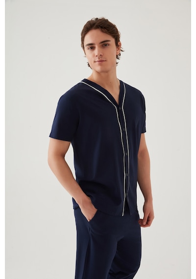 Erkek Kısa Kollu Pamuklu Gömlek Yaka Düğmeli Biyeli Pijama Takımı Ke30118 Siyah - Beyaz