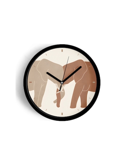 Soyut - Bohem - Minimalist Fil Çiftleri İllüstrasyonu Modern Duvar Saati - 25cm - Önü Camlı-jh0689 Siyah