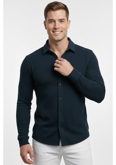 Deepsea Lacivert Slim Fit Örme Kumaş Likralı Erkek Gömlek Nefes Alan Esnek Ve Modern Tasarım 2602604 Lacivert