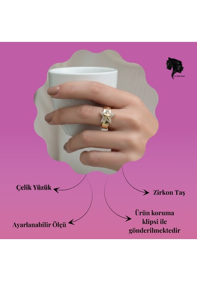 Ayarlanabilir Yıldız Model Zirkon Taşlı Gold Renk Çelik Yüzük Altın