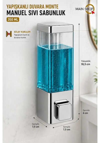 Mainshop 1 Adet Yapışkanlı Duvara Monte Banyo Ve Mutfak Manuel Sıvı Sabunluk 350 Ml Doldurulabilir M-53 Gri