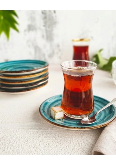 Madam İzmir Winter 6'lı Siyah Çay Tabağı - Modern Spiral Desenli Şık Sunum Tabağı Turkuaz