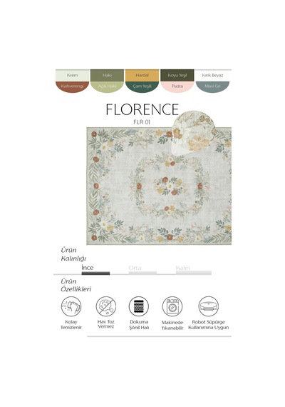 Cool Halı Florence Krem Yeşil Renk Çiçekli Tasarım Bohem İnce Yıkanabilir Salon Oturma Odası Halısı