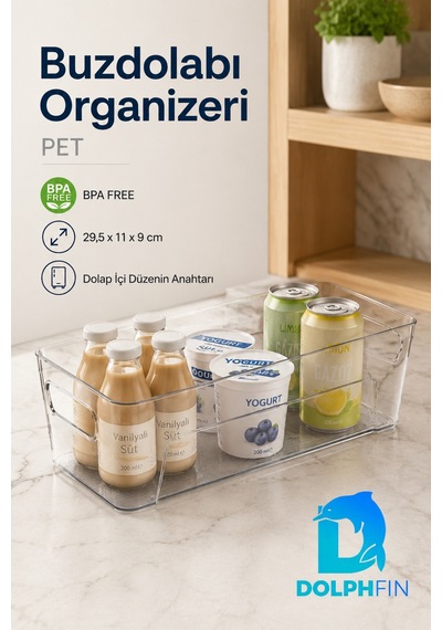 Şeffaf Pet Buzdolabı Organizeri Kulplu Düzenleyici Kutu 29,5x11x9 Cm