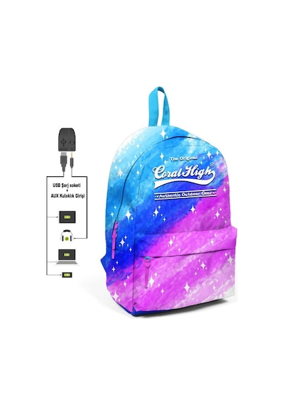 Coral High Saks Mavi ve Pembe Desenli Sırt Çantası - Okul ve Günlük - USB+AUX Soketli