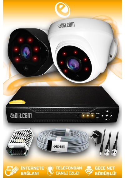 Elitcam 2 Kameralı Uzay 1 İç Kamera Set HDD'siz Full HD Gece Görüşlü Güvenlik Kamerası Sistemi