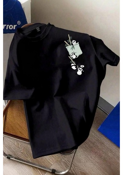 Bambu Panda Grafikli Cep Detaylı Kısa Kollu Oversize Unisex Bisiklet Yaka Tişört SIYAH