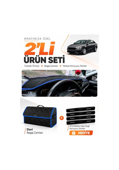 Fiat Egea Sedan 2007-2021 Tabletsiz Uyumlu Torpido Örtüsü + Deri Bagaj Çantası Seti - Siyah Mavi