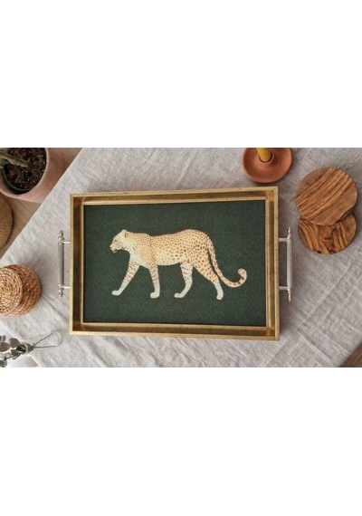 Leopar Desenli Dekoratif Tepsi Gold Çerçeveli Ve Kulplu Çay Kahve & Sunum Tepsisi