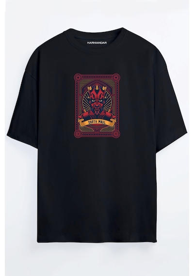 Star Wars Fan Art Koleksiyon Kartları Baskılı Oversize T-shirt Darth Maul-siyah