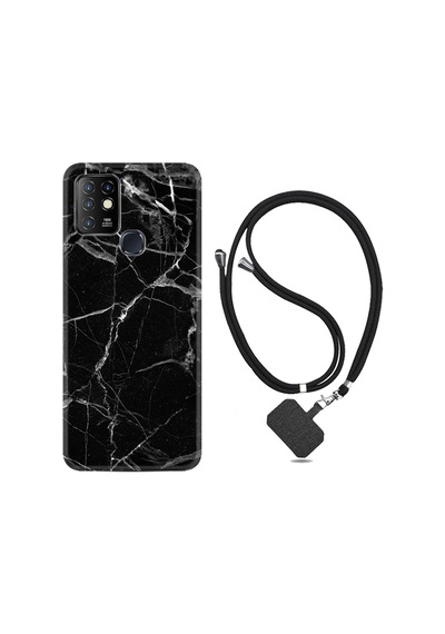 Infinix Hot 8 Kılıf Boyun Askılı Fragile Black Mermer 1378