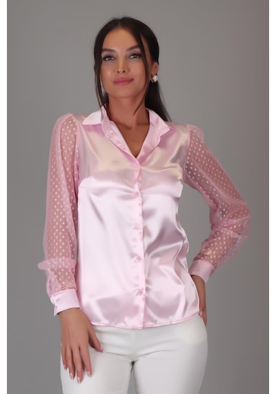 Sweetness Kadın Pembe Saten Tül Kollu Abiye Gömlek Pembe
