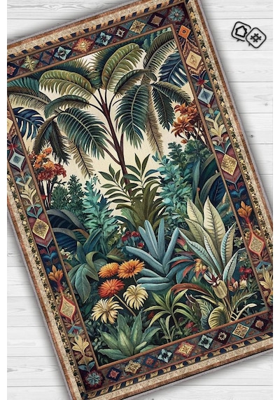 Homshtag Art Deco Tropikal Orman Vintage Halı Görünümlü Dijital Baskı Yeşil Renk Rustik Çiçekli Halı Çok Renkli