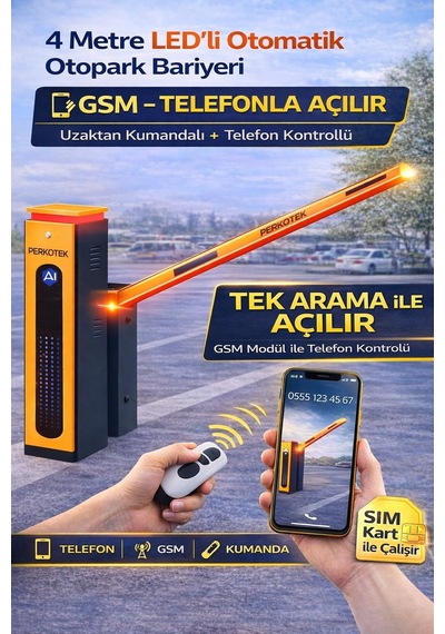 Perkotek 4 Metre Led Li Otomatik Otopark Bariyeri Gsm Telefonla Açma Uzaktan Kumandalı Kollu Bariyer