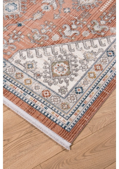 Bohem Tarz Madalyon Desenli Kiremit Rengi Vintage Salon Ve Oturma Odası Halısı Turuncu