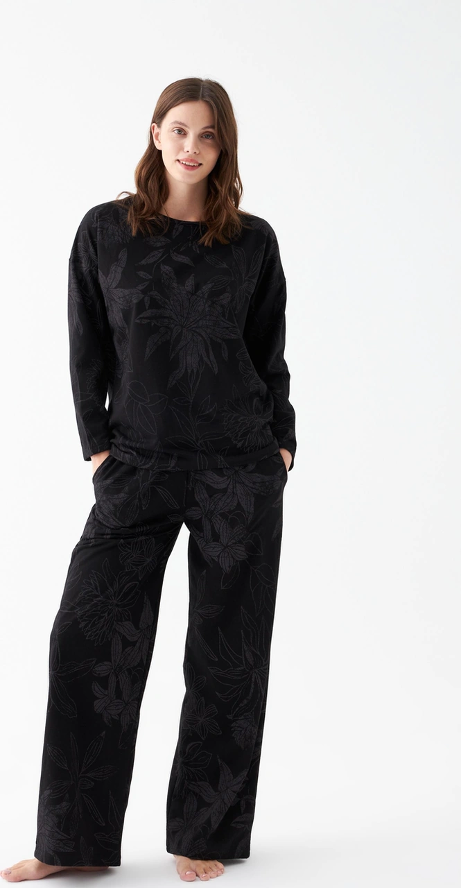 Akbeniz Kadın Oversize Siyah Çiçek Desenli Pamuklu Kalın Pijama Takımı Siyah
