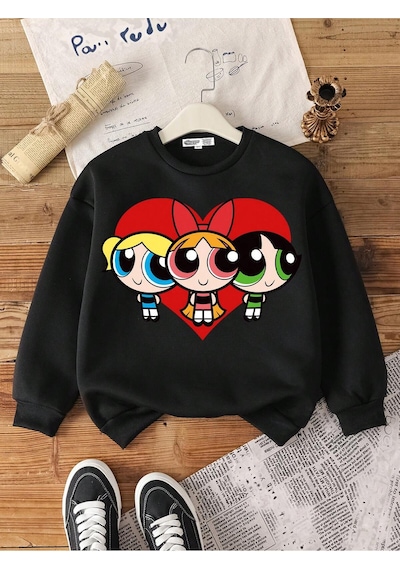 Startmore The Powerpuff Gırls X Tween Girl Casual Pattern Round Neck Long Sleeve Sweatshirt, Suit Çok Renkli