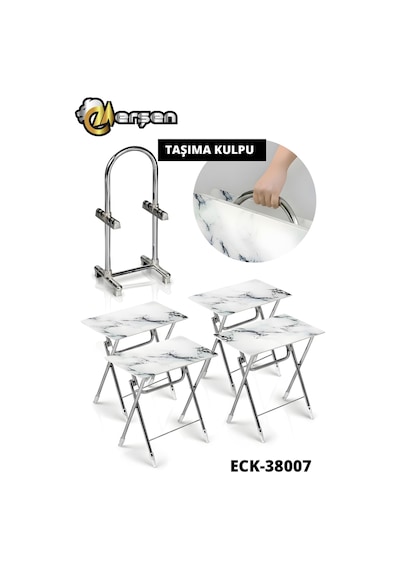 Eranş Serisi 4'lü Katlanır Cam Beyaz Mermer Desen Siyah Detay Çanta Zigon Sehpa Krom Ayak Beyaz Mermer Desen Siyah Detay
