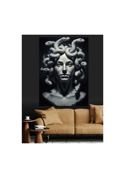 Mermer Dokulu Antik Medusa Büstü Dekoratif Kanvas Tablo - Yağlı Boya Dokulu