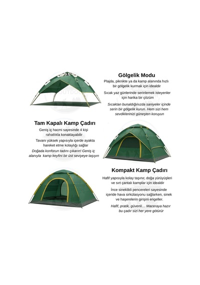 Yekoutdoor 4 Kişilik Çift Katmanlı Otomatik Çadır 220x250x160 Haki