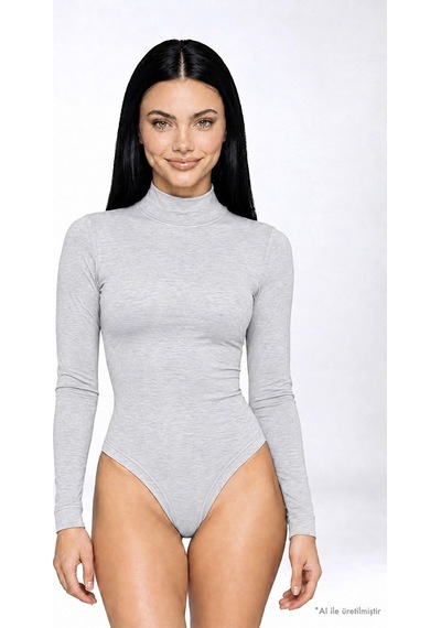Cottonhıll Premium - Drape Collection Gri Melanj Viskon Balıkçı Yaka Uzun Kollu Çıtçıtlı Kadın Bodysuit