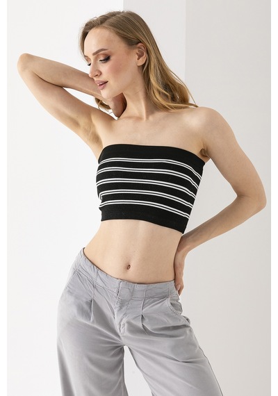 Giysa Kadın Straplez Çizgili Crop Siyah Beyaz - Ms0000136 Siyah - Beyaz