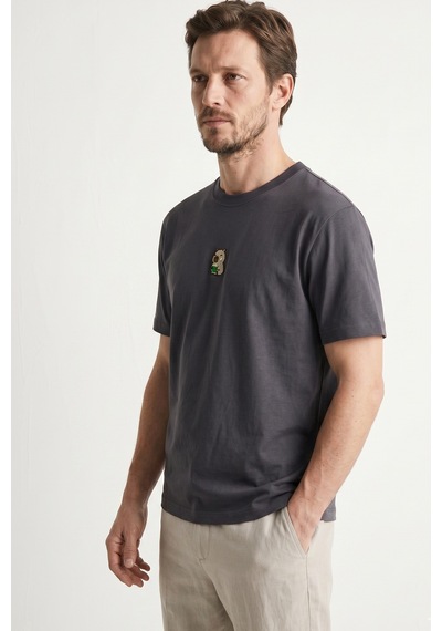 Elemge %100 Pamuk Compact Penye Süprem Kapipara Nakışlı Trend Fit Erkek Tok Kumaş T-shirt Rahat Kesim Antrasit