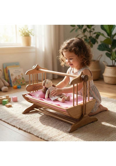 Kişiye Özel İsimli Ahşap Oyuncak Bebek Beşiği 50x30x30 Cm Minderli El Yapımı