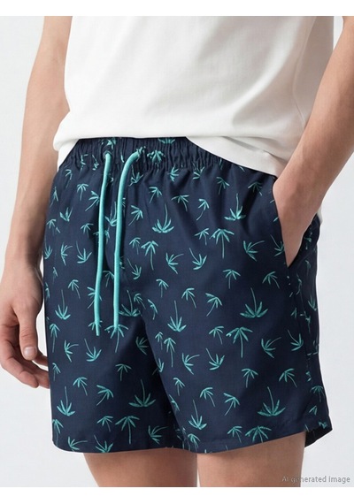 Lcw Swımwear Lacivert Kısa Boy Palmiye Desenli Erkek Deniz Şortu
